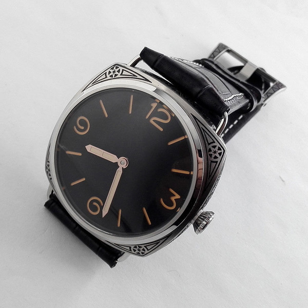 Seagull Movement Black Dial carving military Mechanical Leather hand winding Watch Florence