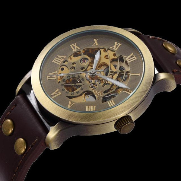 New Fashion Vintage Antique Bronze Skeleton Mechanical Watch Men Leather Automatic Watch Shenhua Brand Wristwatch