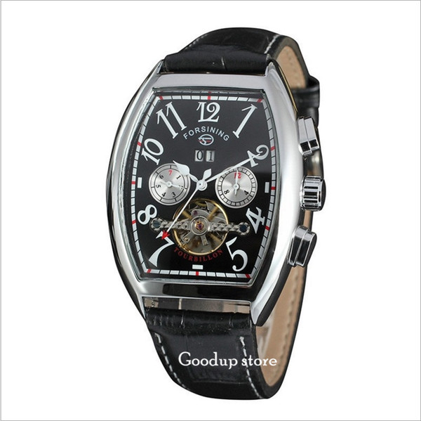 FORSINING 45mm Bucket Type Tourbillon Tourbillonar stainless steel Men's Watch Automatic Mechanical Belt Watches Double Eyes Calend