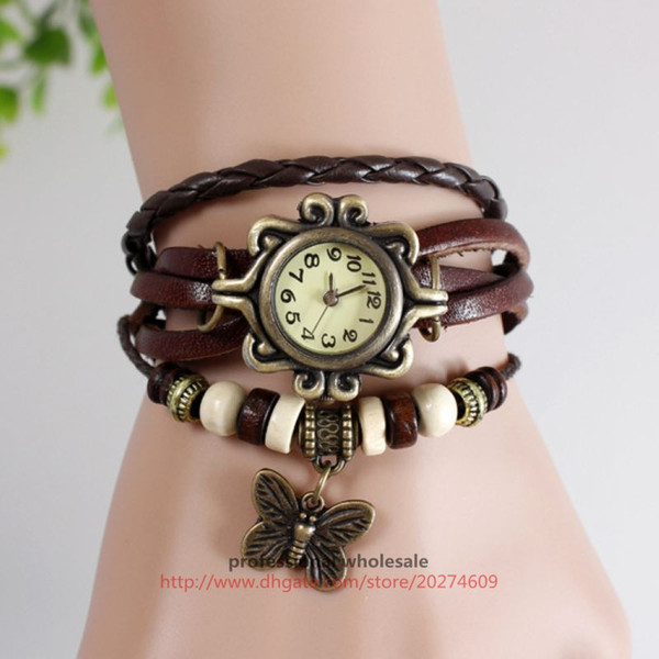 Hot selling butterfly Pendant Watch Vintage Genuine Leather Watch Retro Design 100pcs/lot,Wrist Quartz Watch 10 Colors Available