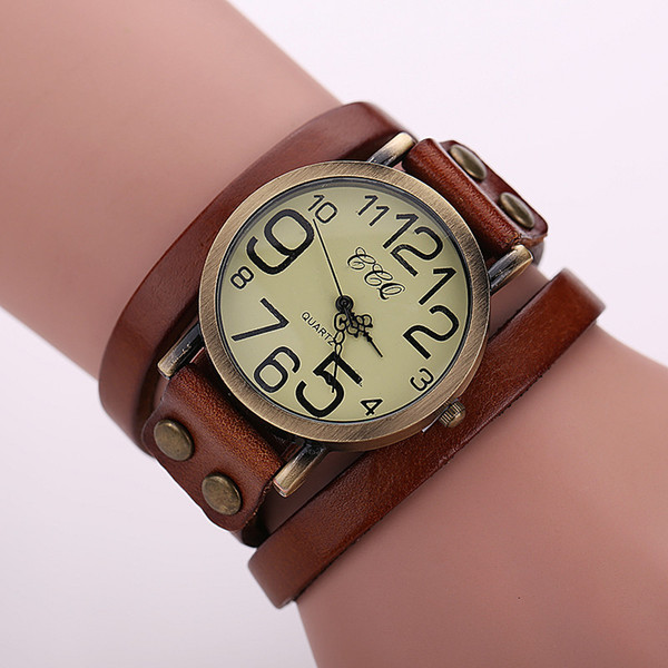 2016 Popular Ladies Rivet Punk Chain Belt Bracelet Watch Hot Retro Wide Leather Watch Quartz Women Watch Men Watch