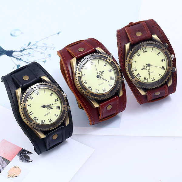 2019 New High Quality Men's Watch Retro Leather Bracelet Watch Exaggerated Men's Jewelry Leather Wide Fashion Leather Strap Watch 6PCS