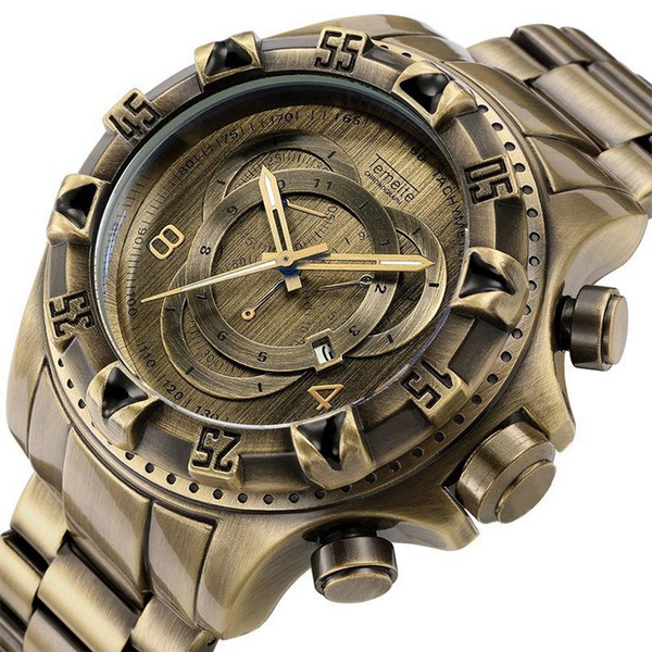 Man Watches Quartz TEMEITE Brand Mens Wristwatches Luxury Antique Copper Color Stainless Steel Waterproof Calendar Men's Clocks
