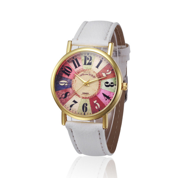 Retro Design Leather Band Analog Alloy Quartz Wrist Watch Colorful Pattern Male Female Watches Clock Women Men Montre Femme