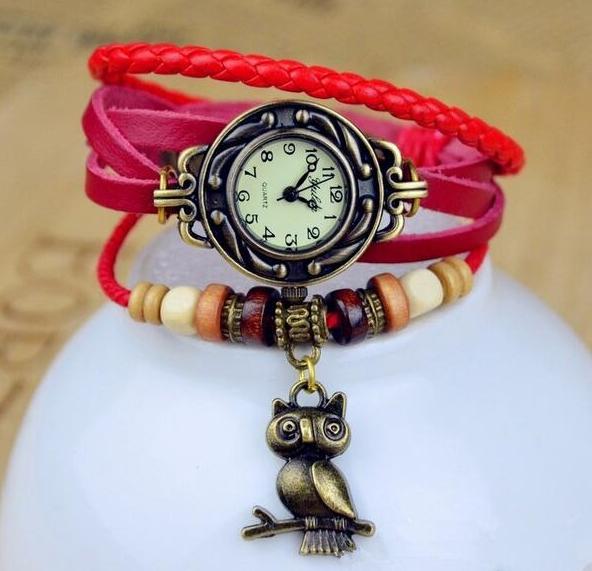 Antique Leather Bracelet Watch Wrist Watch Owl Pendant Fashion Lovely Watches