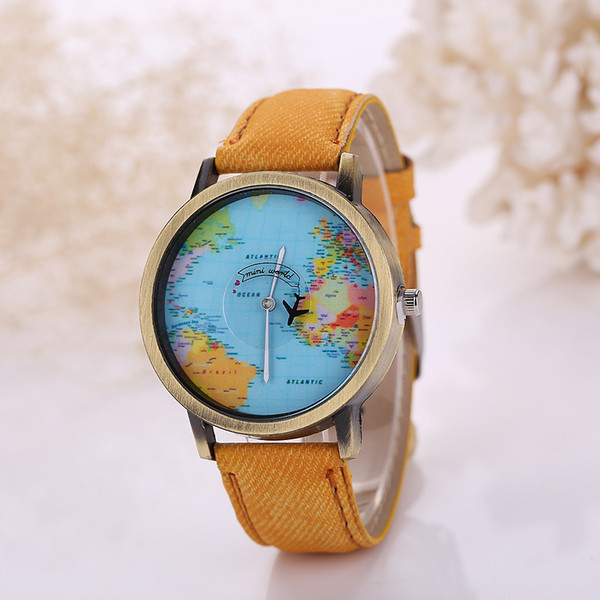 wengle New 2018 Lovers denim Vintage student Casual bronze canvas map aircraft Pacific Ocean Quartz watch
