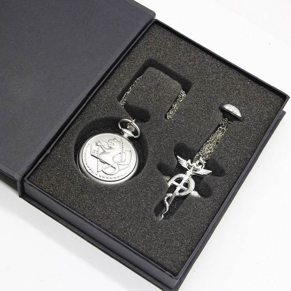 FullMetal Alchemist Quartz Pocket Watch with Necklace Ring Men Women Jewelry Set Gifts Box C19010301