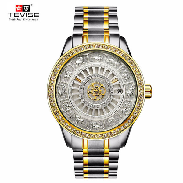 TEVISE Men Automatic Mechanical Watch Skeleton Zodiac Watches Self Winding Waterproof Luxury Gold Clock Relogio Masculino