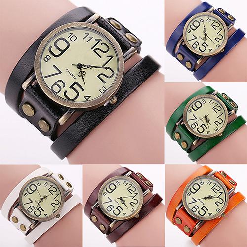 Women Men Retro Punk Rock Faux Leather Winding Bracelet Wrist Watch Jewelry