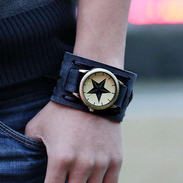Jewelry Hip-hop Gothic Leathernk Style Mens Wrist Watch Wide Brown Black Leather Cuff Star Watches 18 Style