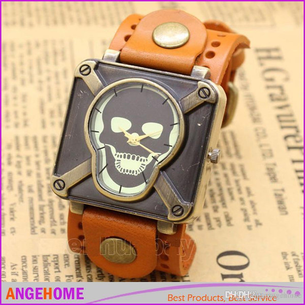Retro Leather Vintage Skull Skeleton Bracelet Wrist Watch Punk Men Boy fashion watch men ladies watch 6 color