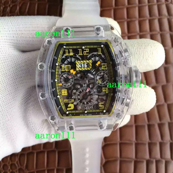Luxury Men Mechanical Wristwatches Transparent Plexiglass ETA 7750 Automatic Chronograph RM011 Rubber Strap Felipe Massa Flyback Mens Watch