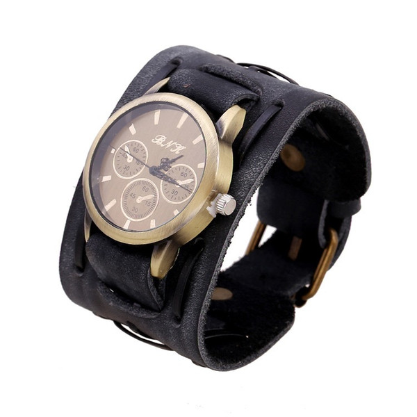 New Style Retro Punk Rock Brown Big Wide Leather Bracelet Cuff Men Watch personality and Cool