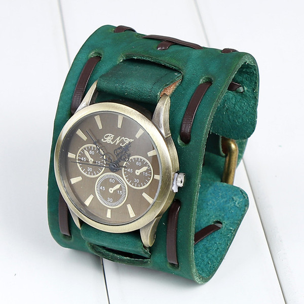 DHL Free Vintage genuine leather bracelet watch punk men teens quartz wristwatch cuff bangle party festive gift Three dials Watches