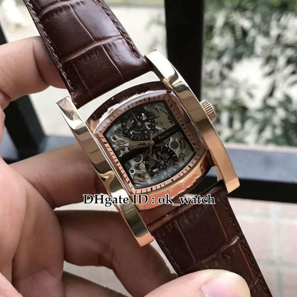 NEW Hollow dial AA48PLTBSK/N Automatic Mens Watch Rose Gold case brown leather strap High Quality cheap Gents sport watch Multifunction