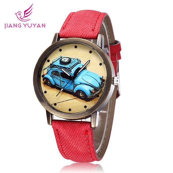 2018 vintage simple leather strap Watch for student fashion blue Classic Car design girls boys cartoon Quartz Watches brand name black