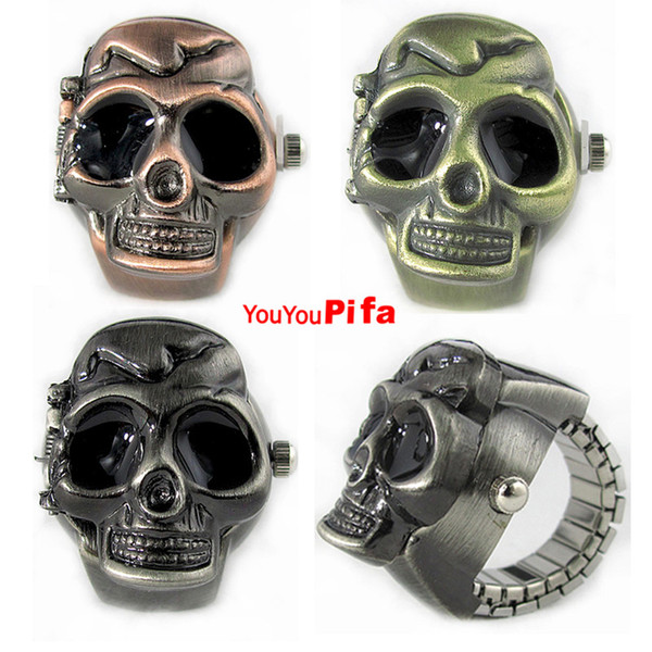 Fashion Bronze Black Skull Finger Quartz Ring Watches Men Women Unisex Casual Retro Vintage Clamshell Watch Relogio With Box