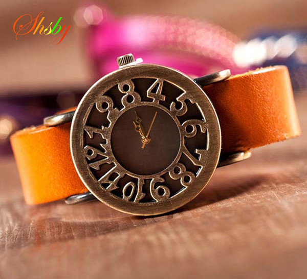 shsby New Roma Style vintage Digital hollow out Genuine Cow Leather strap watches women dress watches female quartz watch