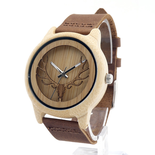 Mens And Womens Deer Head Design Bamboo Wooden Watches Luxury Wristwatches With Leather Band Quartz Watch