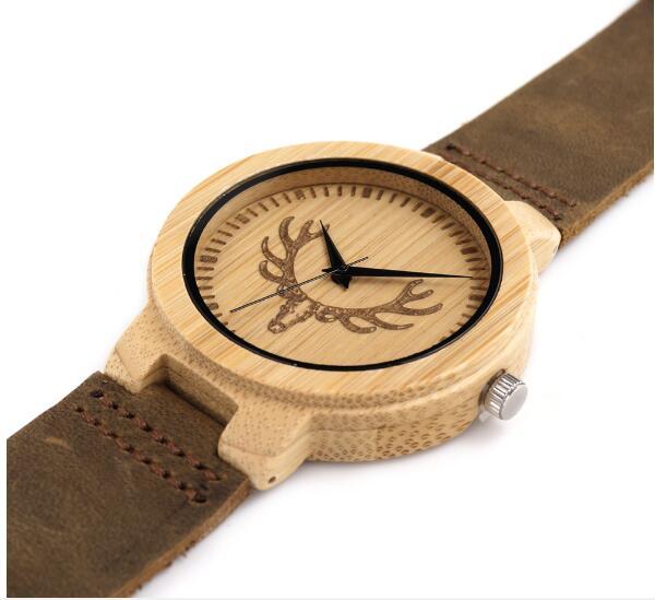 Mens Deer Head Design Buck Bamboo Wooden Watches Luxury Wood Watches With Soft Leather Strap for Men Women