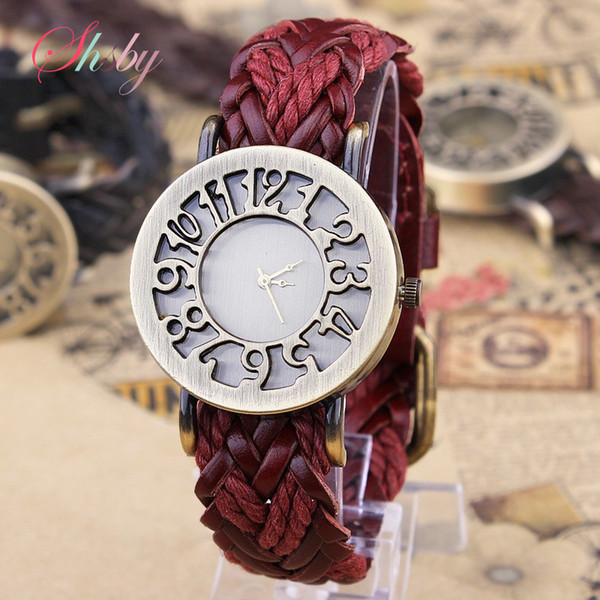 shsby New Roma Style vintage Digital hollow out Genuine Cow hand-woven Leather strap watches women dress watches