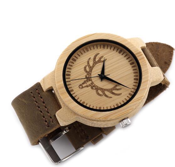 Mens Deer Head Design Buck Bamboo Wooden Watches Luxury Wood Watches With Soft Leather Strap for Men Women