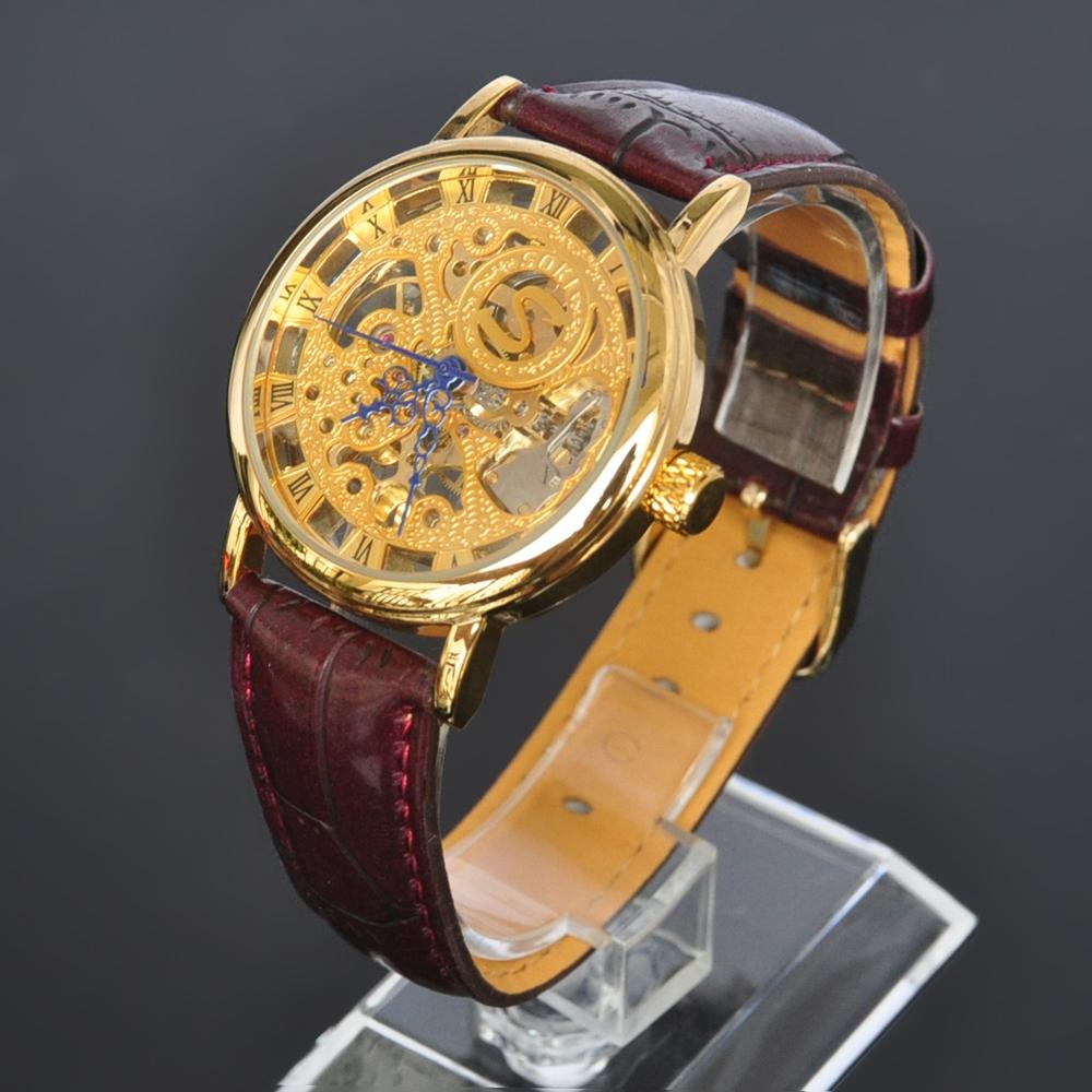 SOKI Skeleton Watches Luxury Gold Plated Analog Time Manual Winding Mens Mechanical Leather Band Wrist Watch