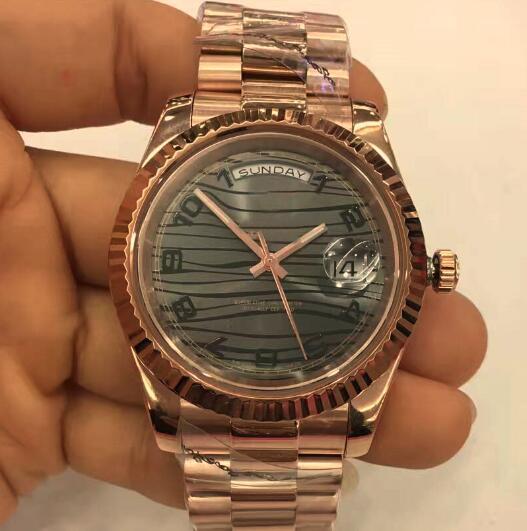 Top Brand Luxury Mens Automatic Movement Watches President Water Ripple Numeral Dial Rose Gold Stainless Case Date Men Antique Wristwatches
