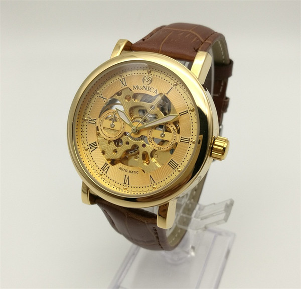 Mechanical Watches Automatic Men's Leather Strap Hollow Watch MUONIC Fashion Brand Gold Roman Numerals Dial Watch