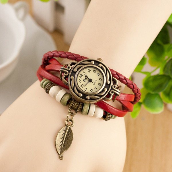 New Arival Fashion vintage leather quartz watch leaf pandent women and gril watch for free shipping