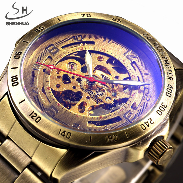 Wholesale- SHENHUA Bronze Case Men Skeleton Automatic Mechanical Watches Analog Male Clock Stainless Steel Strap Self Wind Watch