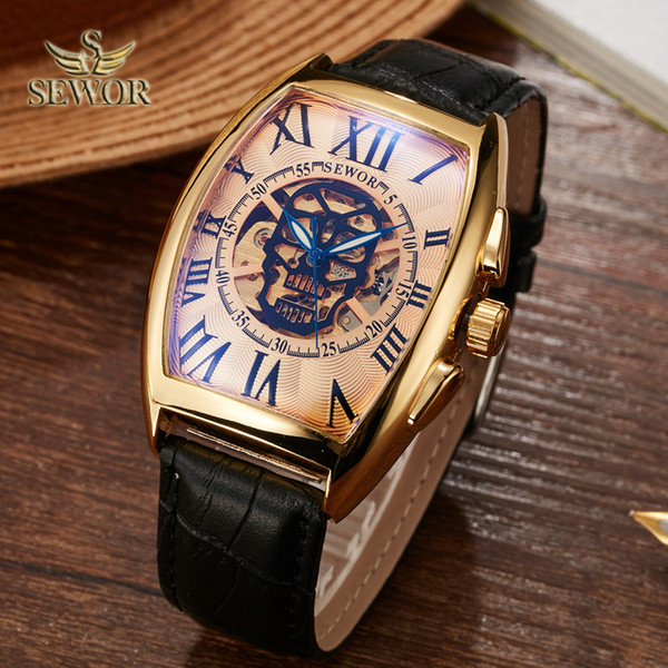 SEWOR Luxury Mens Mechanical Wristwatches Fashion Leather Band Automatic Self-Wind Skeleton Wristwatches Mens Mechanical Watches SWQ55