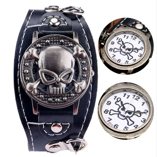 Luxury Copper Skull PU Leather Watch Men Women Unisex Puck Rock Chain Cool Wristwatch With Cover Bracelet Watches