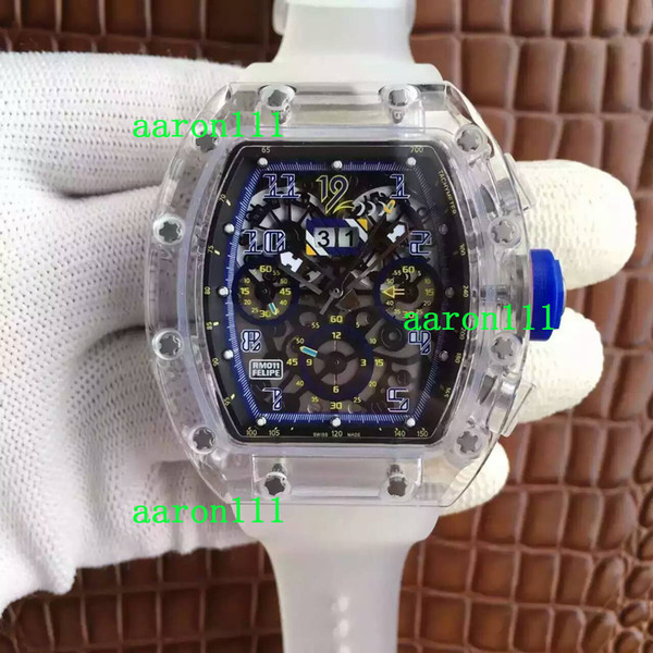 Luxury Brand Mens Mechanical Wristwatches Transparent Plexiglass ETA 7750 RM011 Felipe Massa Flyback Antique Men Automatic Chronograph Watch