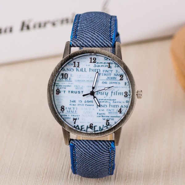wengle New 2018 fashion sell well Vintage Textile denim British style Lovers letter Glass mirror Quartz watch