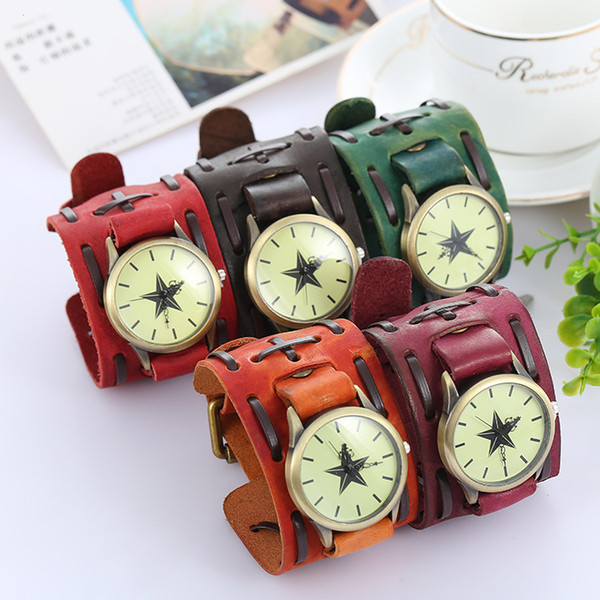 Pentagram Vintage genuine leather bracelet watch punk men teens quartz wristwatch cuff bangle party festive gift Three dials Watches