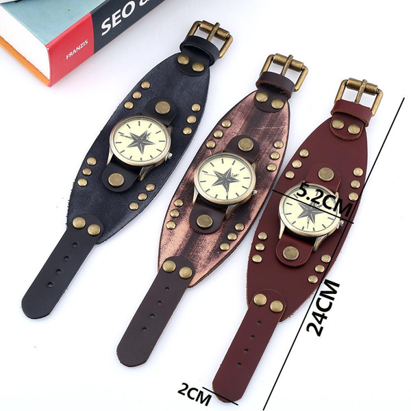 Jewelry Hip-hop Gothic Leathernk Style Mens Wrist Watch Wide Brown Black Leather Cuff Star Watches 18 Style