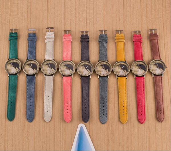 5 pcs 2018 new antique British style graffitti watch bronze dial jean strap