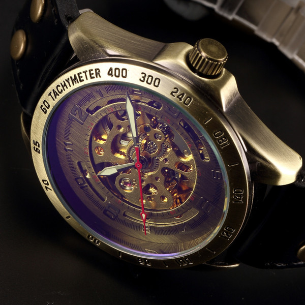 Antique Automatic Watches Skeleton Mechanical Watch Men Bronze Steampunk Retro Leather Analog Wrist Watches Male Vintage Clock D18101002