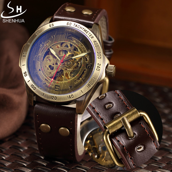 Mechanical Watch Men SHENHUA Retro Bronze Sport Luxury Top Brand Leather Watch Skeleton Automatic Watches Relogio Masculino S923