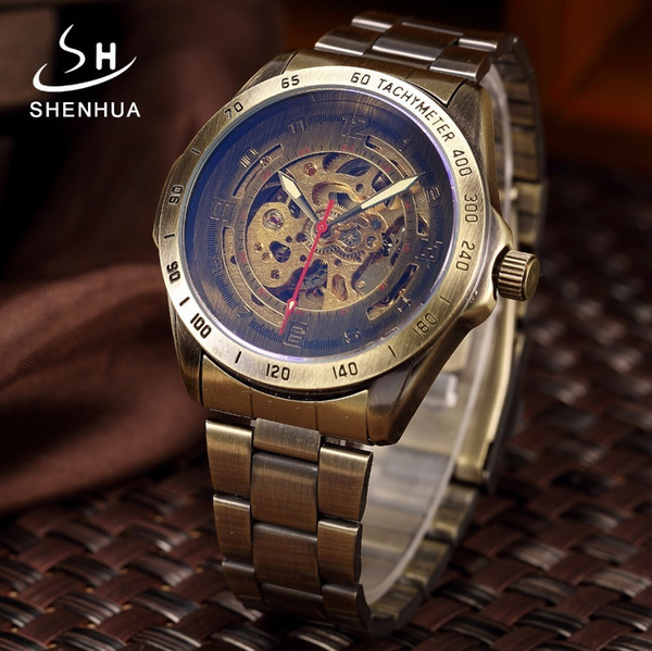 Vintage Bronze Automatic Watch Skeleton Men Watch Steampunk Transparent Mechanical Mens Watches Full Metal Clock Montre Homme Y19051603