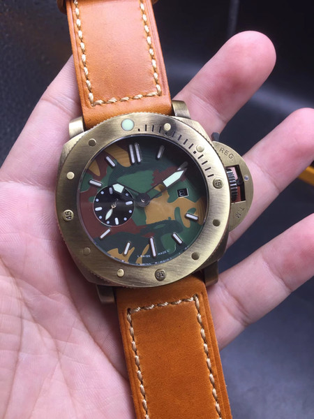 High quality bronze case automatic mechanical men watch super man exclusive glow-in-the-dark dial camouflage dial genuine leather band 48mm