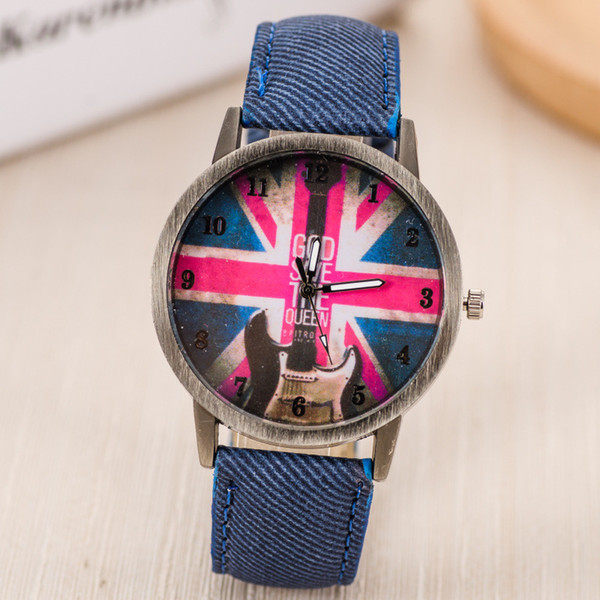 wengle New 2018 fashion sell well Textile denim Bronze National flag pattern Glass mirror Quartz watch