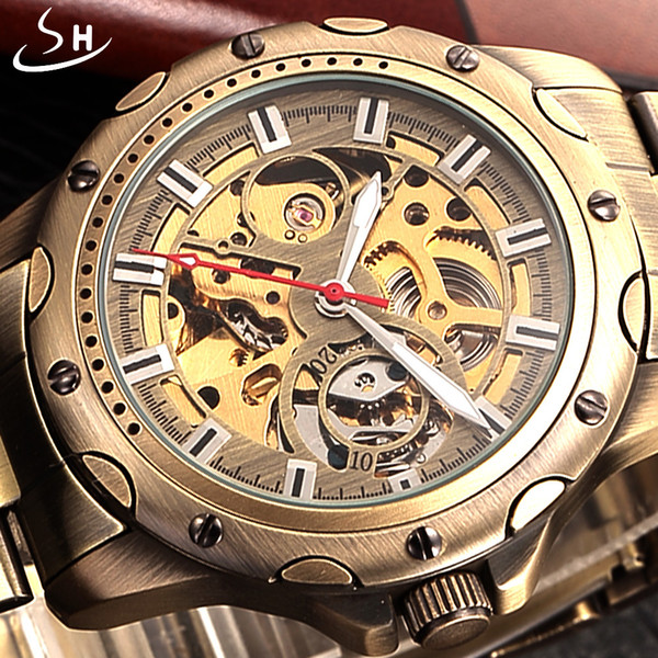 SHENHUA Bronze Skeleton Mechanical Watch Men Automatic Watch Sport Luxury Top Brand Stainless Watch Vintage Relogio Masculino D18100706