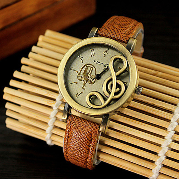 12-hour Display Quartz Watch Retro PU Strap Metal Bronze Case Music Note Markers Unisex watches Ancient Roman style