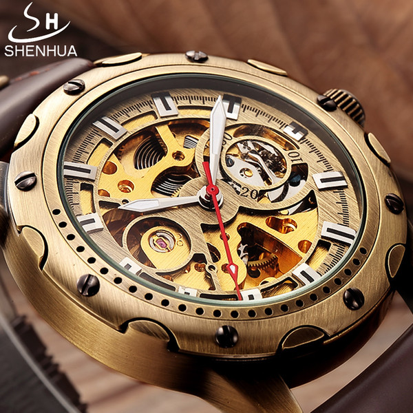 SHENHUA Retro Bronze Skeleton Mechanical Watch Men Automatic Watches Sport Luxury Top Brand Leather Watch Relogio Masculino D18100709