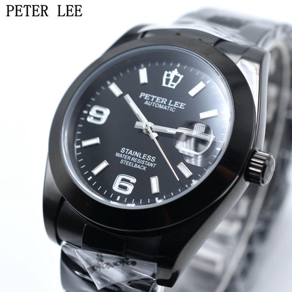 Top quality 42mm Peter Lee brand all black steel automatic mechanical luxury mens watches simple casual analog day date designer watch gifts