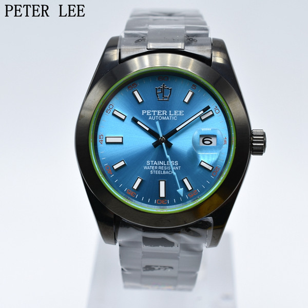 High quality 42mm Peter Lee brand all black steel automatic mechanical luxury mens watches personalized analog day date designer watch gifts