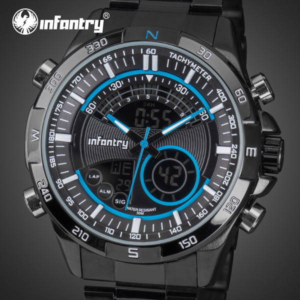 INFANTRY Men's Sport Watches Digital LED Dual Display Watch Military Army Brand Wristwatches for men Black Stainless Steel Strap Fashion