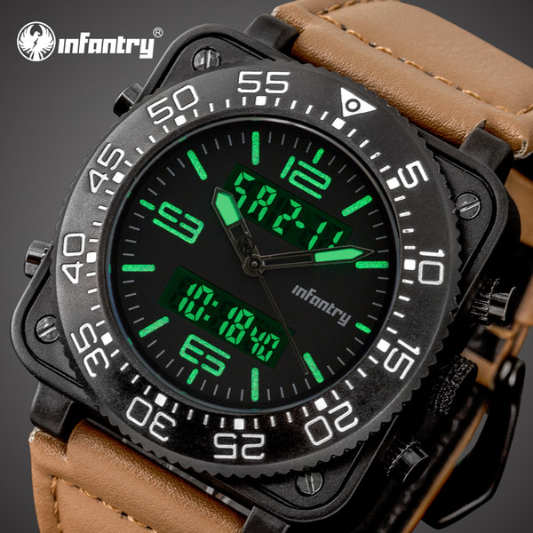 INFANTRY Famous Brand Mens Digital Quartz Wrist Watch Fashion Sport Watches Military Wristwatch Date Day Chronograph Leather montre homme